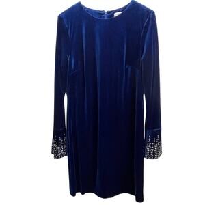 Calvin Klein Royal Blue Velvet Midi Dress with Embellished Cuffs